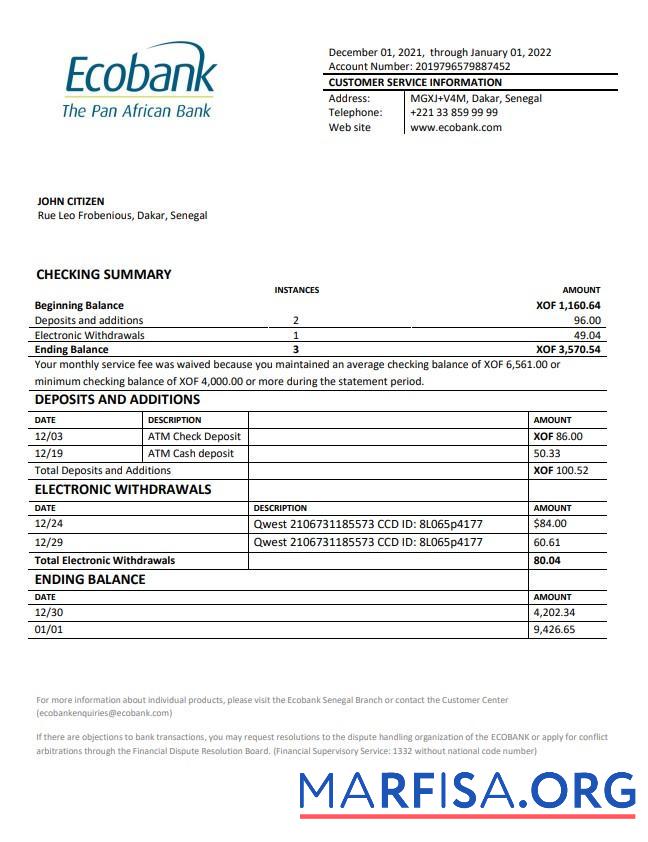 Realistic Senegal Ecobank bank statement word example